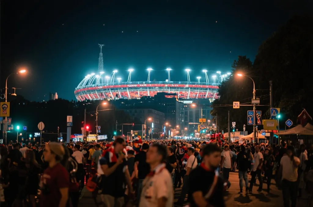 世界杯后城市球场灯光与夜色氛围